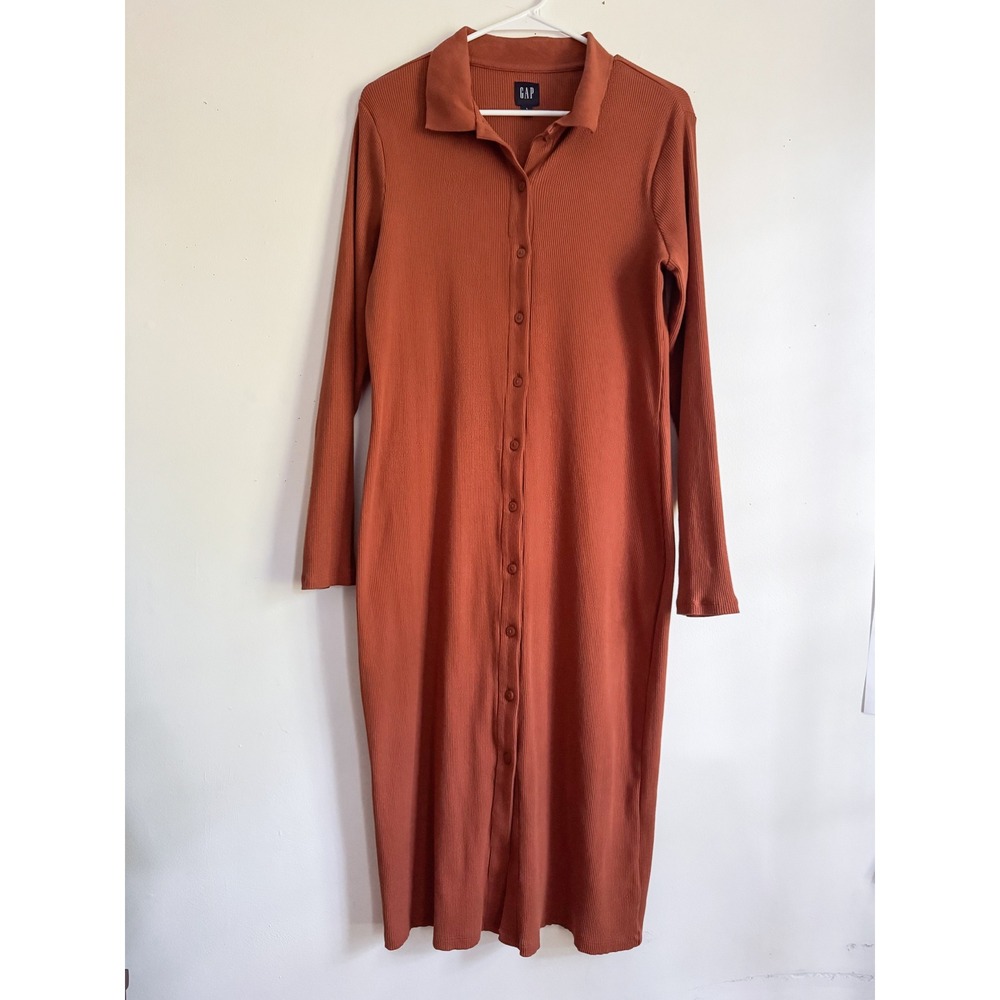 GAP Womens Rust Burnt Orange Ribbed Knit Long Sleeve Button Down Midi Dress L